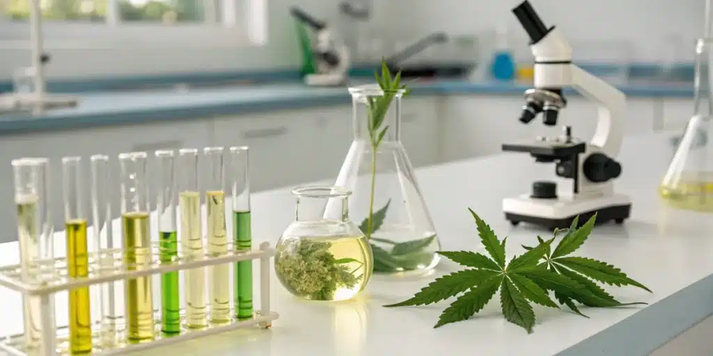 Laboratory setup showcasing research on cannabis treatment for rheumatoid arthritis and natural pain relief.