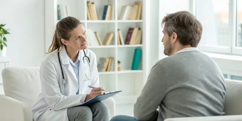 Doctor and patient discussing cannabis treatment for schizophrenia in a modern, serene clinical setting.