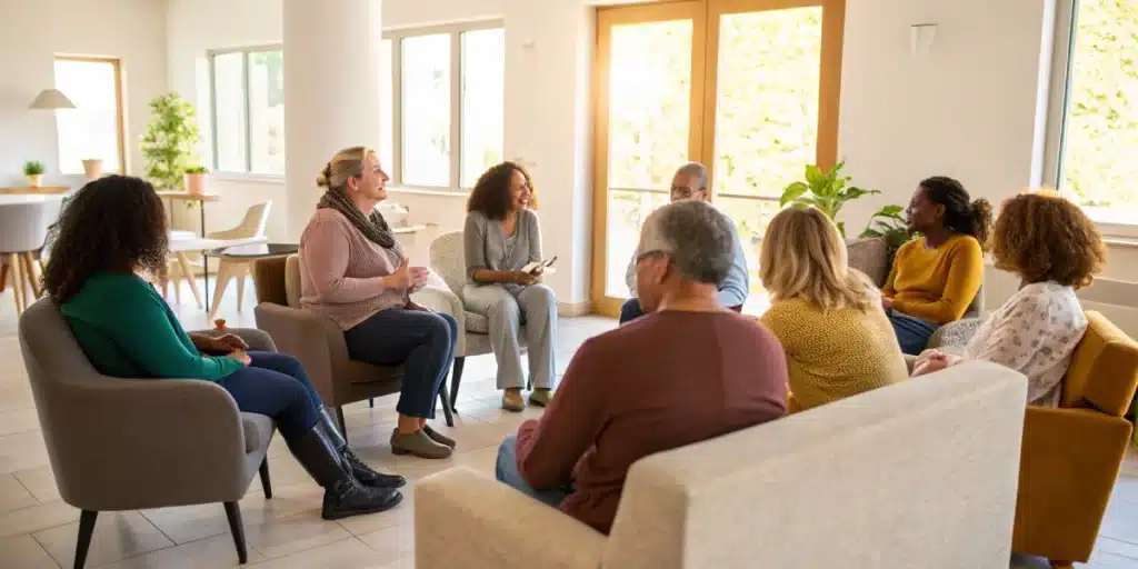 Community members in a supportive meeting discussing integrative approaches and cannabis treatment for schizophrenia.