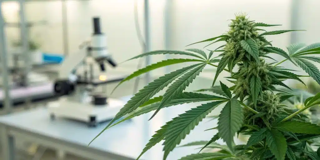 Close-up of a vibrant cannabis plant in a lab setting, highlighting research on cannabis treatment for schizophrenia.