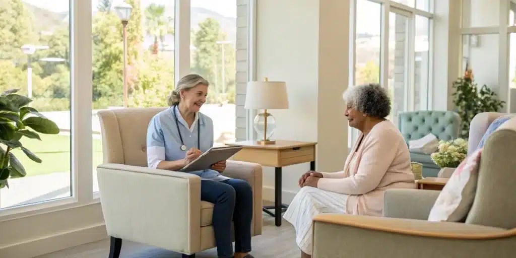 Group of seniors interacting in a peaceful community setting, highlighting cannabis use for anxiety among older adults.