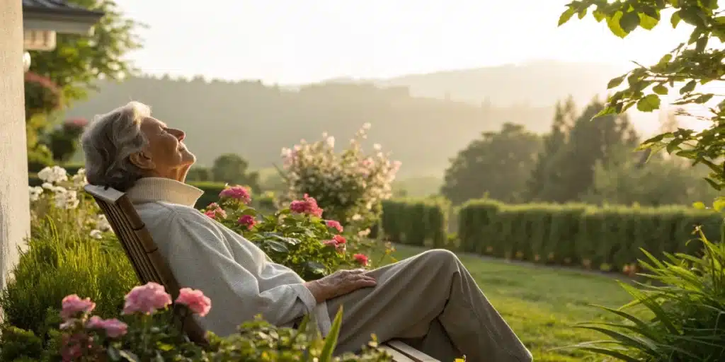 Senior enjoying a serene outdoor scene, representing natural support from cannabis use for anxiety among older adults.