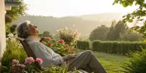 Senior enjoying a serene outdoor scene, representing natural support from cannabis use for anxiety among older adults.