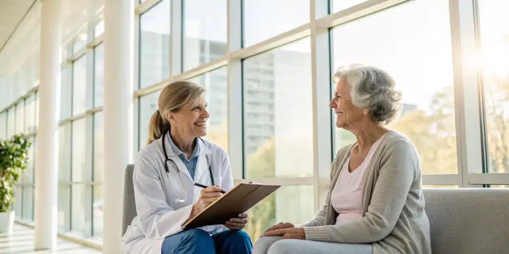 Doctor and patient in a clinic discussing cannabis used for cancer treatment.