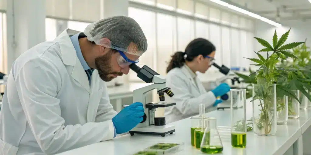 Scientists analyzing cannabis used for cancer treatment in a detailed lab environment.
