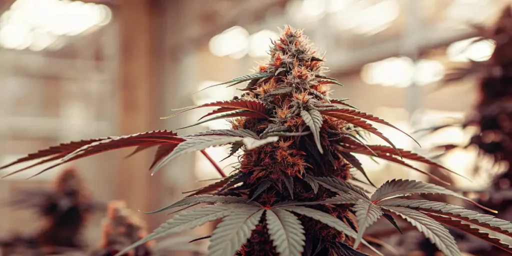 Close-up of cannabis plant bud in indoor growroom with green leaves and orange pistils.