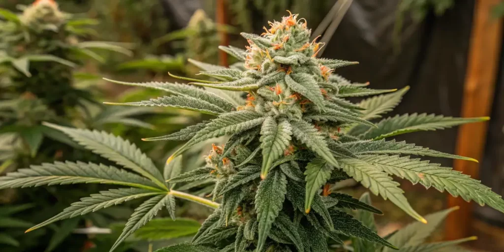 Cannabis plant bud in indoor growroom with vibrant green leaves and glistening trichomes.
