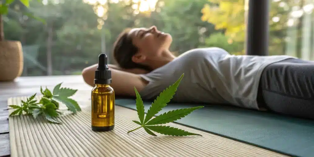 Relaxed woman lying on a yoga mat indoors, next to a CBD dropper bottle and cannabis leaves, with a serene forest view in the background