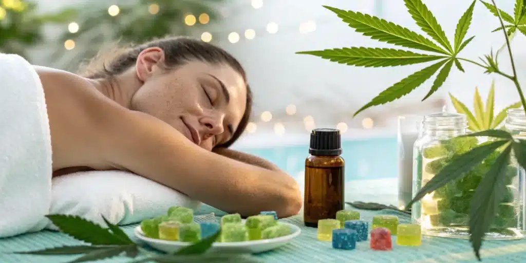 Relaxed woman lying by a poolside with CBD gummies and a dropper bottle, surrounded by cannabis leaves and soft ambient lighting