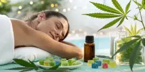 Relaxed woman lying by a poolside with CBD gummies and a dropper bottle, surrounded by cannabis leaves and soft ambient lighting