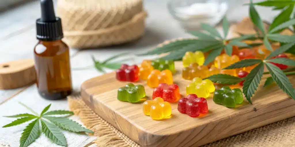 Colorful CBD gummies on a wooden board, paired with a dropper bottle and cannabis leaves, arranged on a rustic table