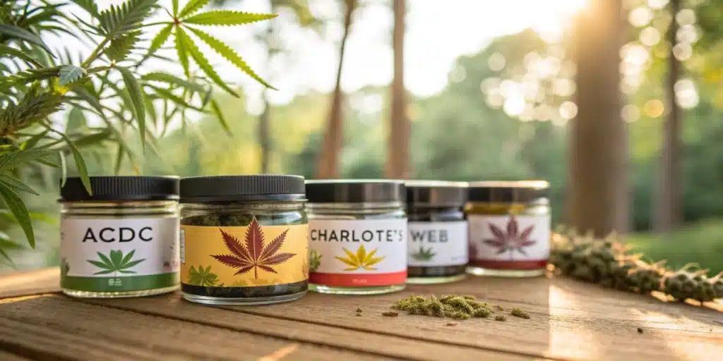 Multiple jars of cannabis products labeled with various strain names, displayed on a wooden table outdoors with sunlight filtering through trees