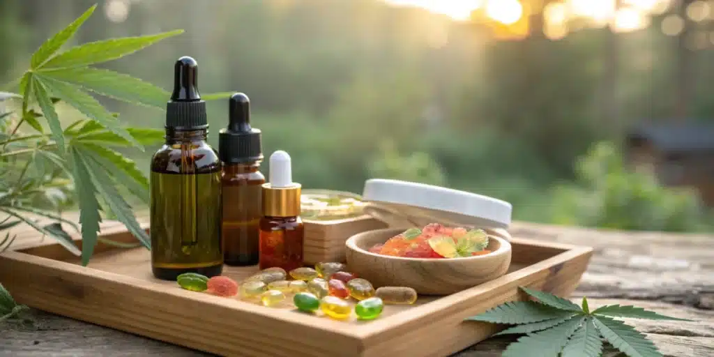 Assorted CBD products, including amber dropper bottles, gummies, and capsules, arranged on a wooden tray with a cannabis leaf in a forest setting