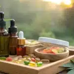 Assorted CBD products, including amber dropper bottles, gummies, and capsules, arranged on a wooden tray with a cannabis leaf in a forest setting
