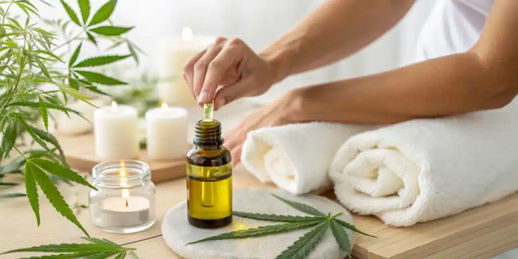 Hand using a dropper to dispense CBD oil on a spa table, surrounded by rolled towels, lit candles, and cannabis leaves