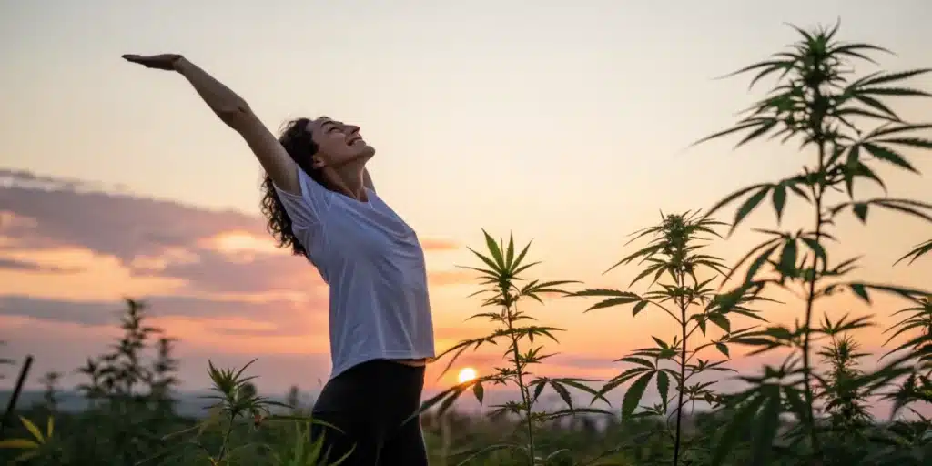 Woman stretching joyfully in a cannabis field at sunset, surrounded by tall plants with vibrant leaves