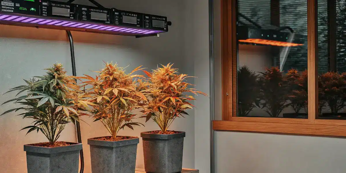 Indoor cannabis plants with colorful leaves under LED lighting.