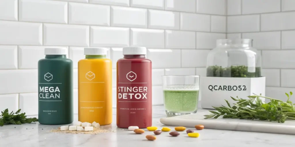 Colorful THC detox drinks and pills displayed in a modern kitchen setting