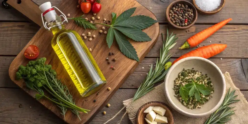 Kitchen counter setup with cannabis oil, herbs, and vegetables ready for cooking with infused oil.