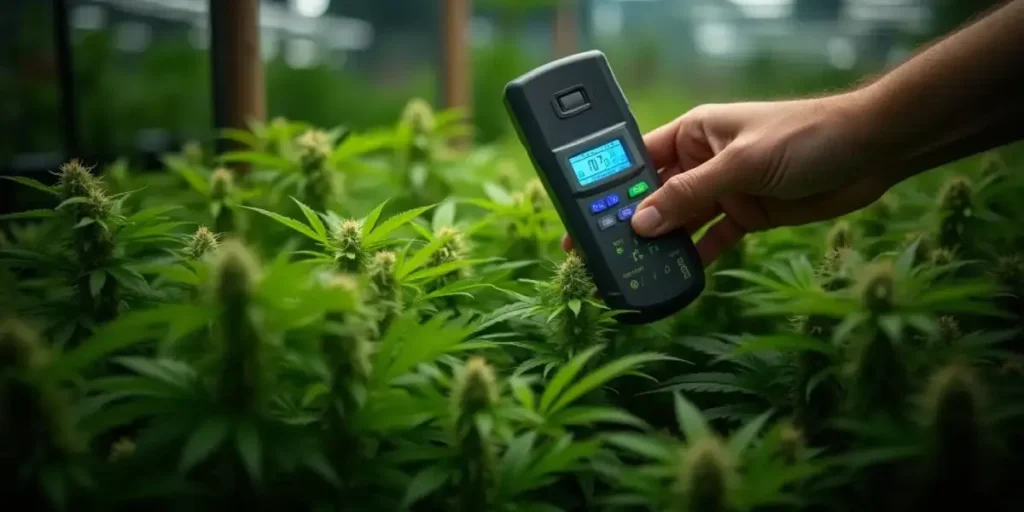 Modern dab rig setup on a desk surrounded by cannabis concentrates and ambient lighting