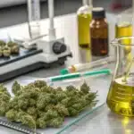 Equipment and cannabis buds laid out for the process of decarbing cannabis oil in a laboratory environment