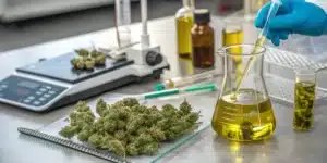 Equipment and cannabis buds laid out for the process of decarbing cannabis oil in a laboratory environment