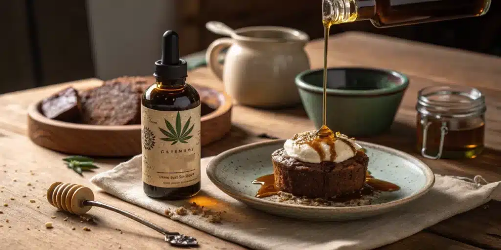 Dessert topped with cream and honey infused with cannabis oil, served alongside a cannabis tincture bottle