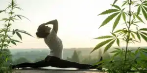 Woman performing yoga in a scenic outdoor setting surrounded by cannabis plants, emphasizing the therapeutic benefits of weed for muscle spasms