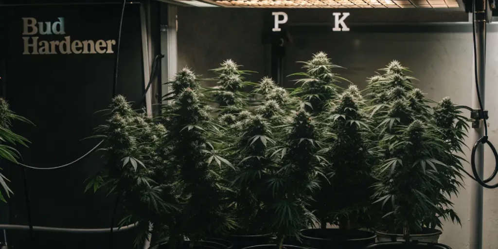 Indoor cannabis crop flourishing under grow lights with bud hardener setup
