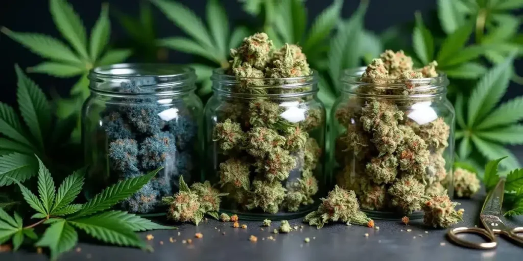 Glass jars filled with different colored cannabis buds surrounded by marijuana leaves.