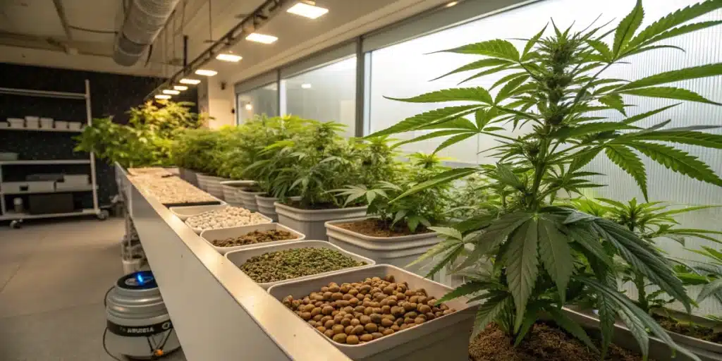 Rows of cannabis plants in white pots, with trays of soil, clay pellets, and other substrates arranged on a long counter in a well-lit grow facility