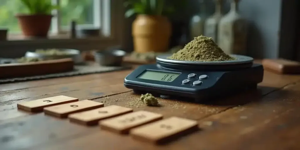 Ground cannabis on a digital scale in a rustic setting