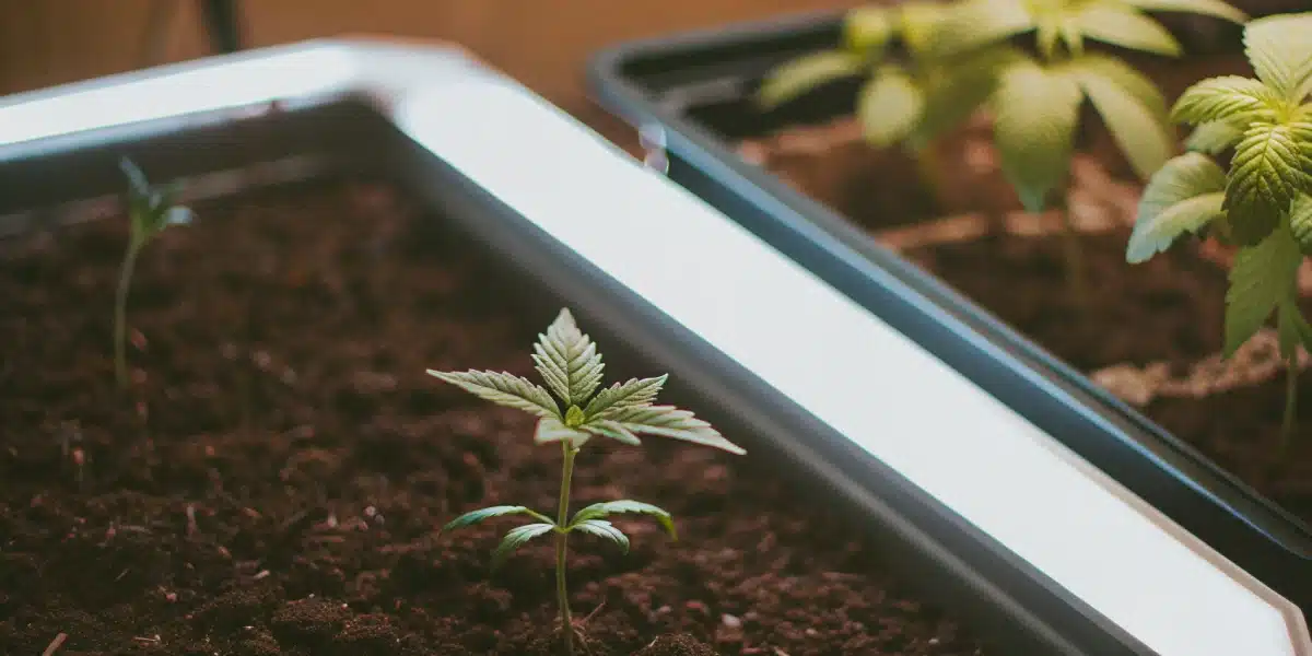 Young autoflower cannabis plants in soil, illuminated by an overhead grow light, showing early growth.