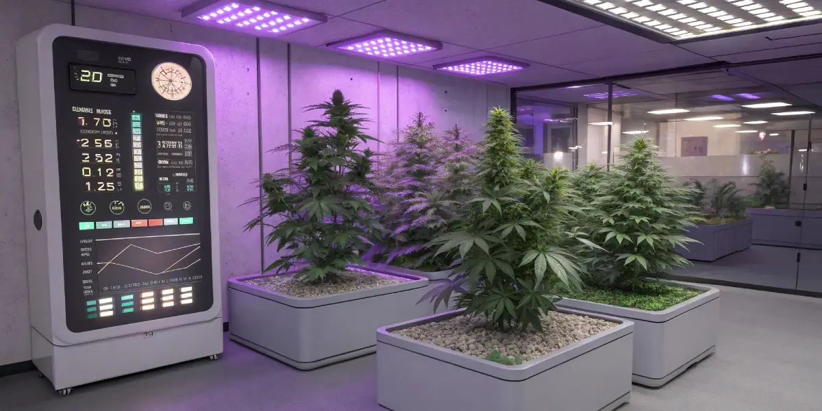 Automated cannabis growing room with LED panels and digital controls.