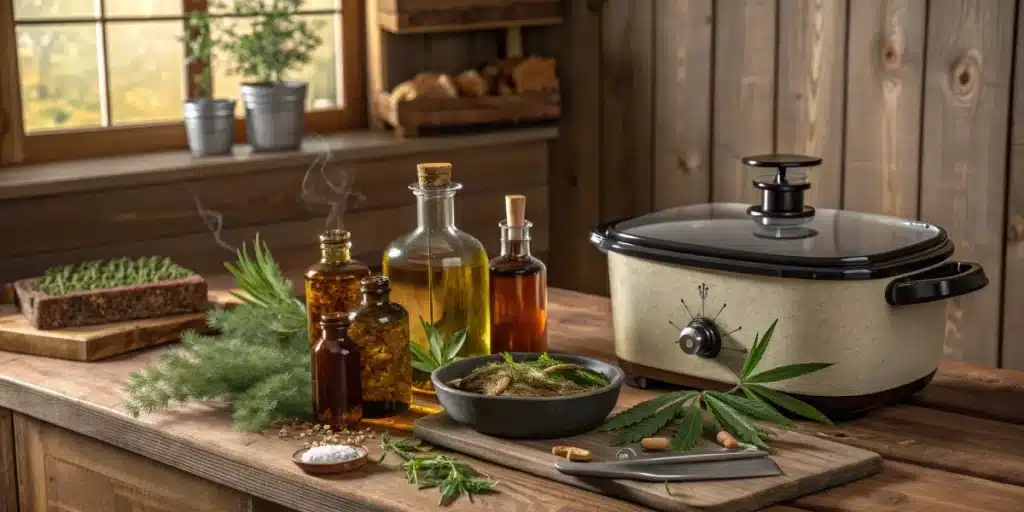 Rustic kitchen scene with a slow cooker, glass bottles of oils, and cannabis leaves, illustrating the process of making homemade CBD oil