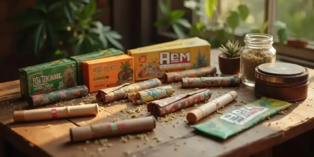 Assorted flavored cannabis joints in decorative paper on a wooden table with grinders and jars