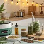 Modern kitchen setup with a slow cooker and various ingredients for making CBD oil, including cannabis leaves and infused oils