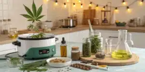 Modern kitchen setup with a slow cooker and various ingredients for making CBD oil, including cannabis leaves and infused oils