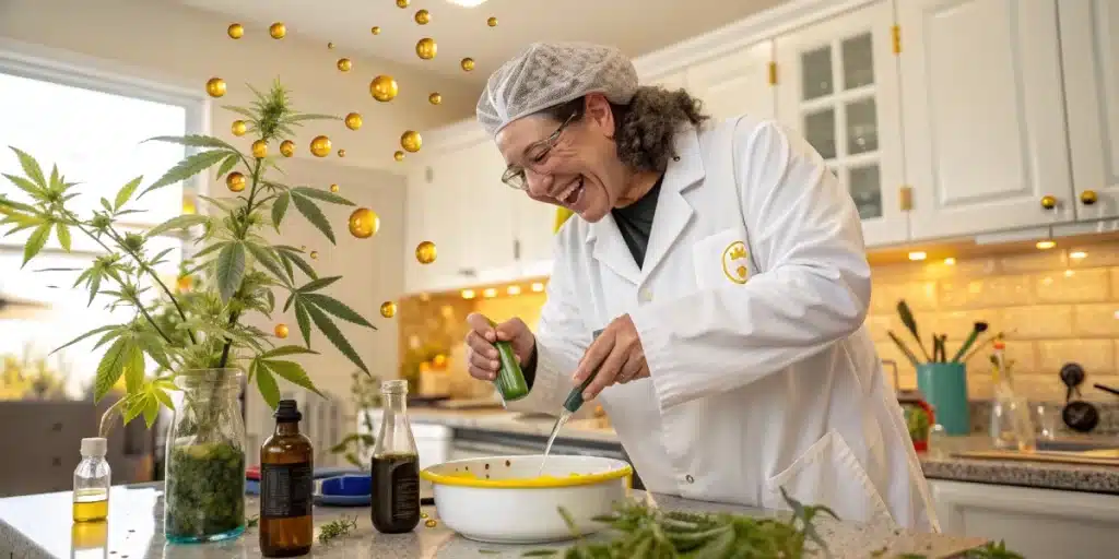 Happy scientist in a lab coat mixing cannabis oil in a kitchen, surrounded by floating golden droplets and cannabis plants