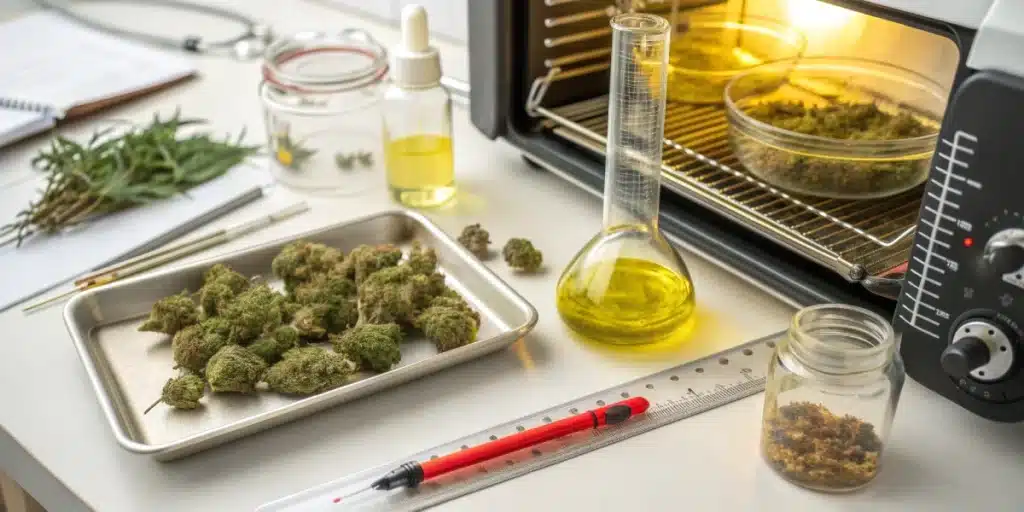 Laboratory testing setup with cannabis oil, emphasizing THC level analysis in infused oils