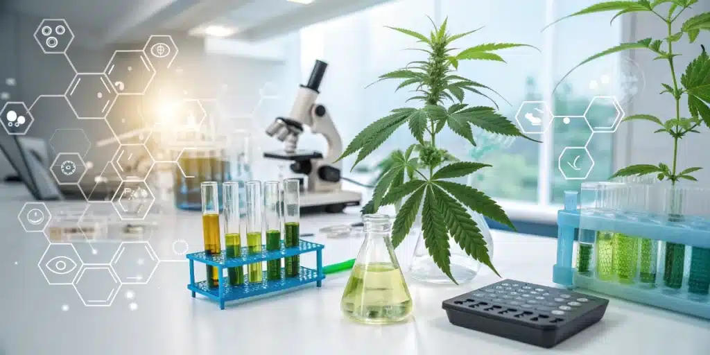 Close-up of decarbed cannabis being integrated into extra virgin olive oil, surrounded by lab tools.