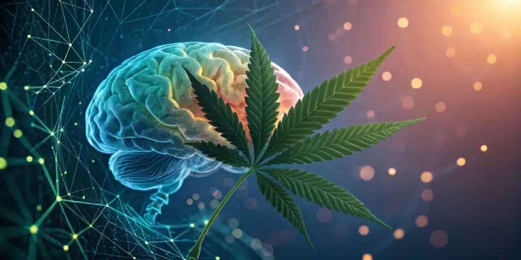 Large cannabis leaf placed in front of a colorful 3D digital brain with a glowing neural network background