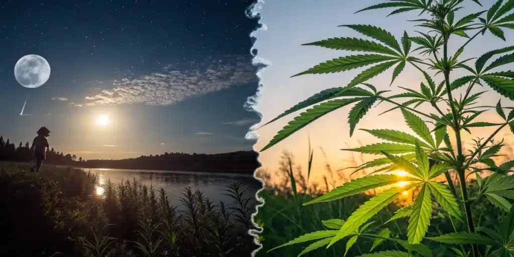 split view of a serene night landscape under a full moon transitioning into a vibrant cannabis plant at sunrise in a field.