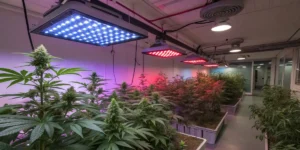 Indoor cannabis farm with red and blue LED lights over lush green plants.