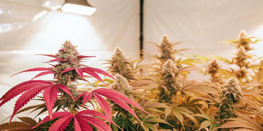 indoor cannabis plant with vibrant red and golden leaves under grow light