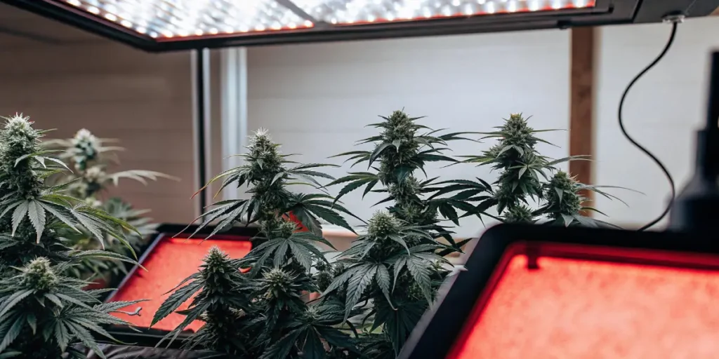 Cannabis plants under red LED lights during the flowering stage.
