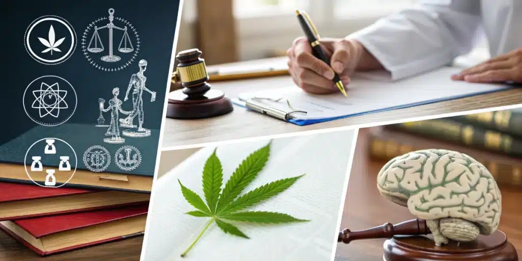 Image collage featuring symbols of cannabis, legal balance scales, a gavel, a cannabis leaf on a book, and a brain model representing research and legislation