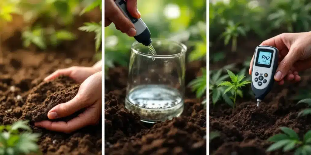 Cannabis plants in soil with a pH meter and text "Ideal PH Levels for Cannabis Cultivation," showing best pH for cannabis.