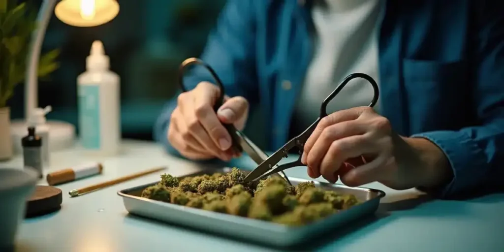 Person trimming cannabis buds on a tray with scissors under indoor lighting.