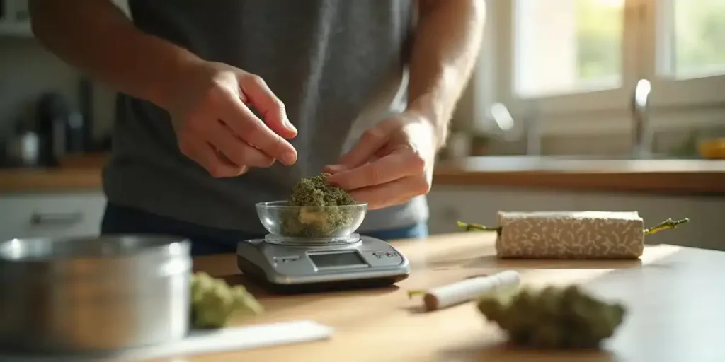 Man weighing cannabis buds on a scale in kitchen